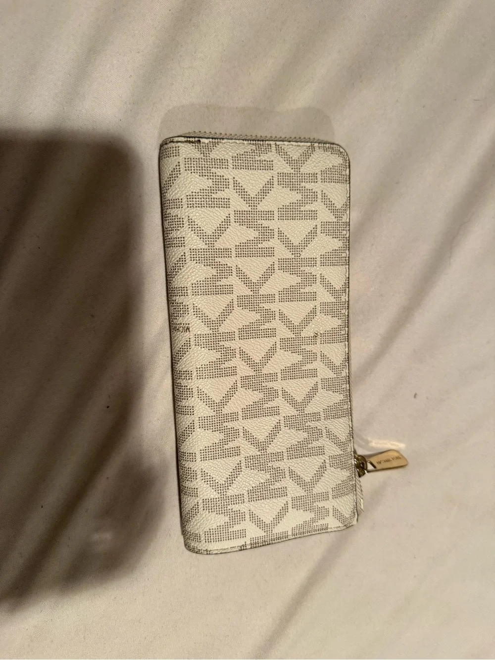 Michael Kors Cream and Light Gray Monogram Zip Wallet